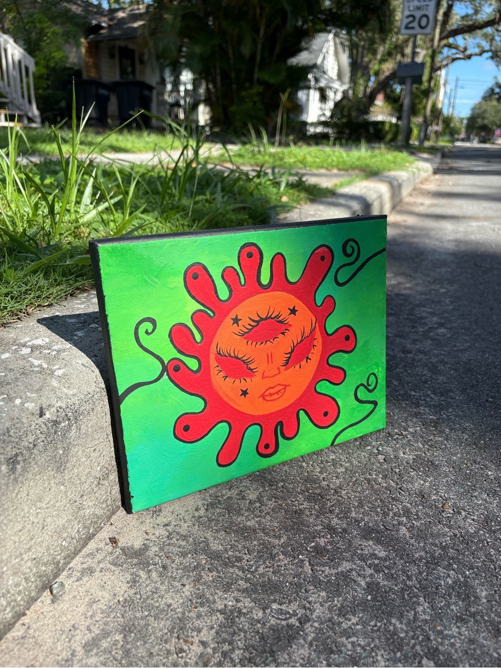 Vibrant Green & Orange Sunface Canvas Wall Art